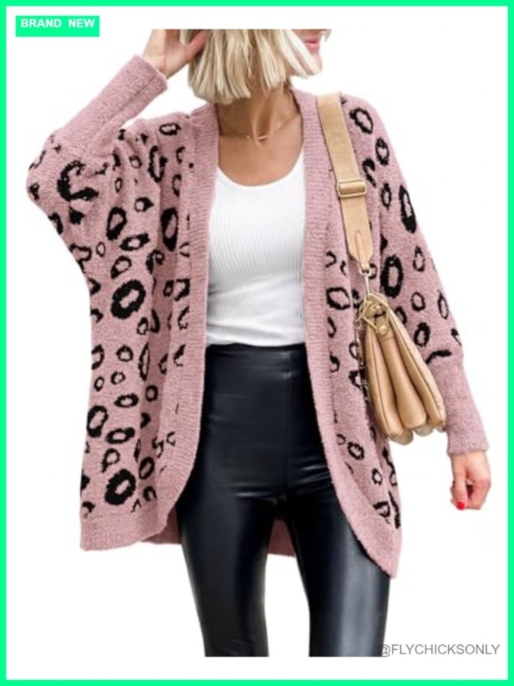 BTFBM Women's Leopard Print Knit Cardigan Batwing Sleeve Fall Sweater